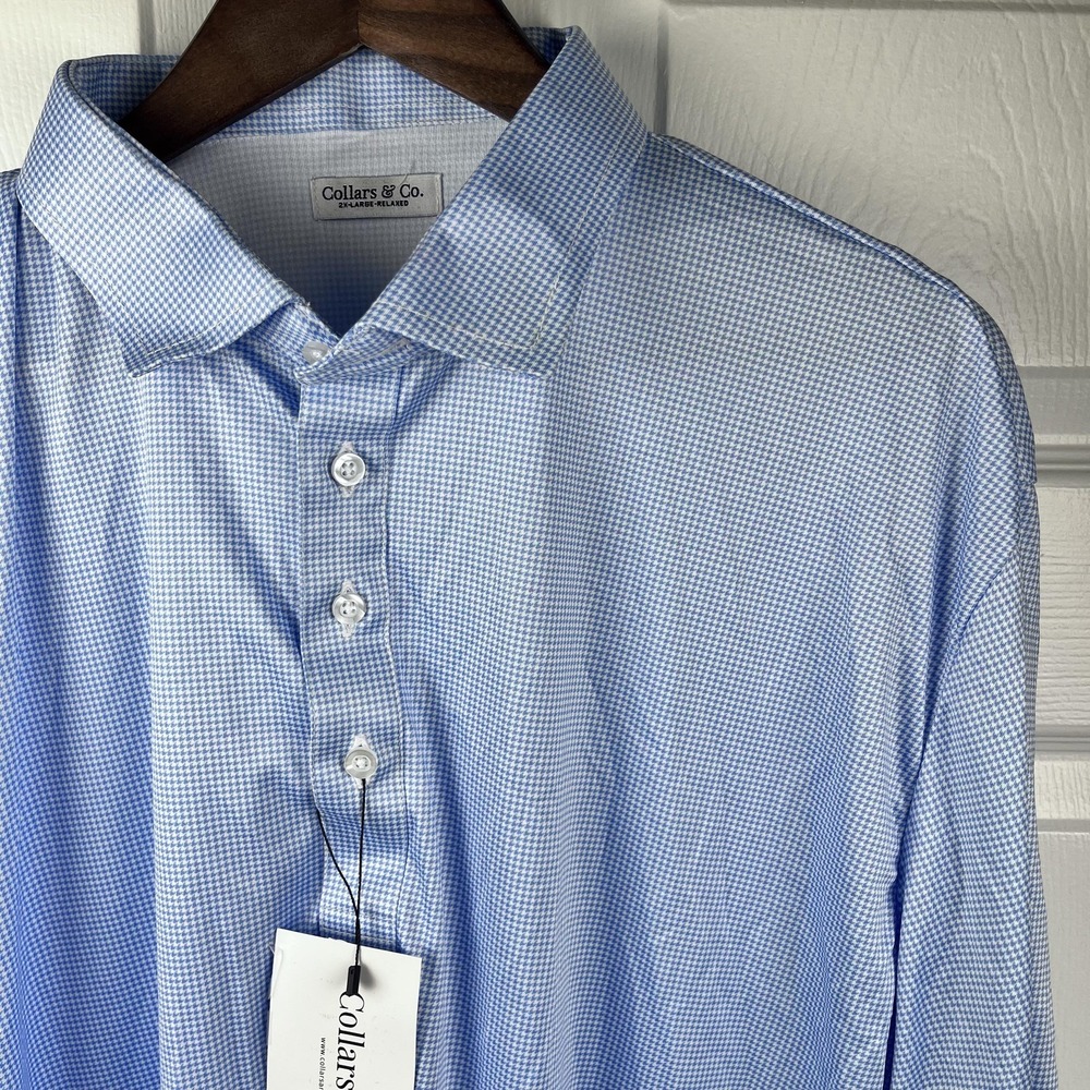 Collars & Co. Polo Shirt Mens 2XL‎ Blue Houndstooth Relaxed Dress Golf NEW